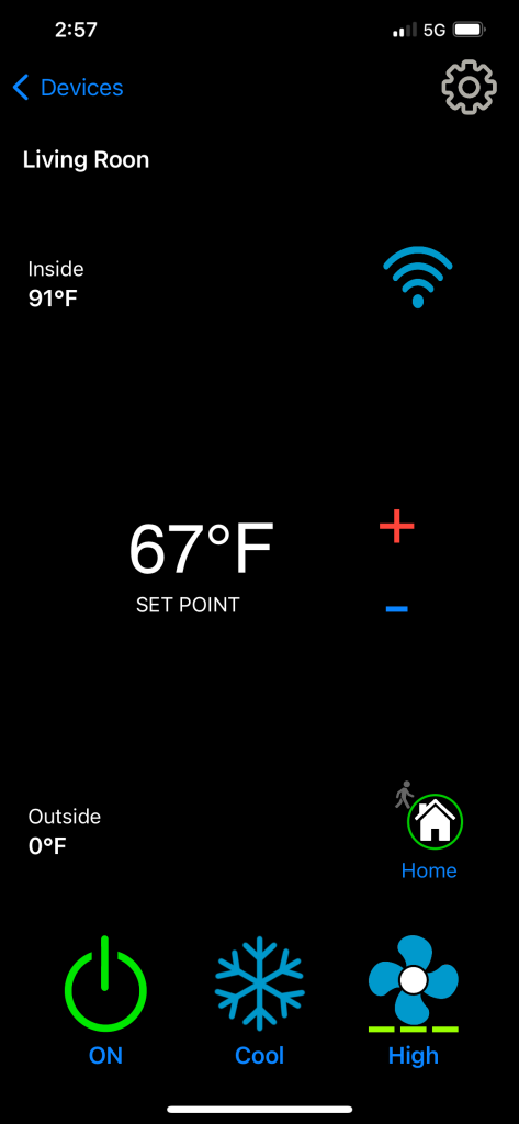 Remote control for RV smart thermostat via mobile app